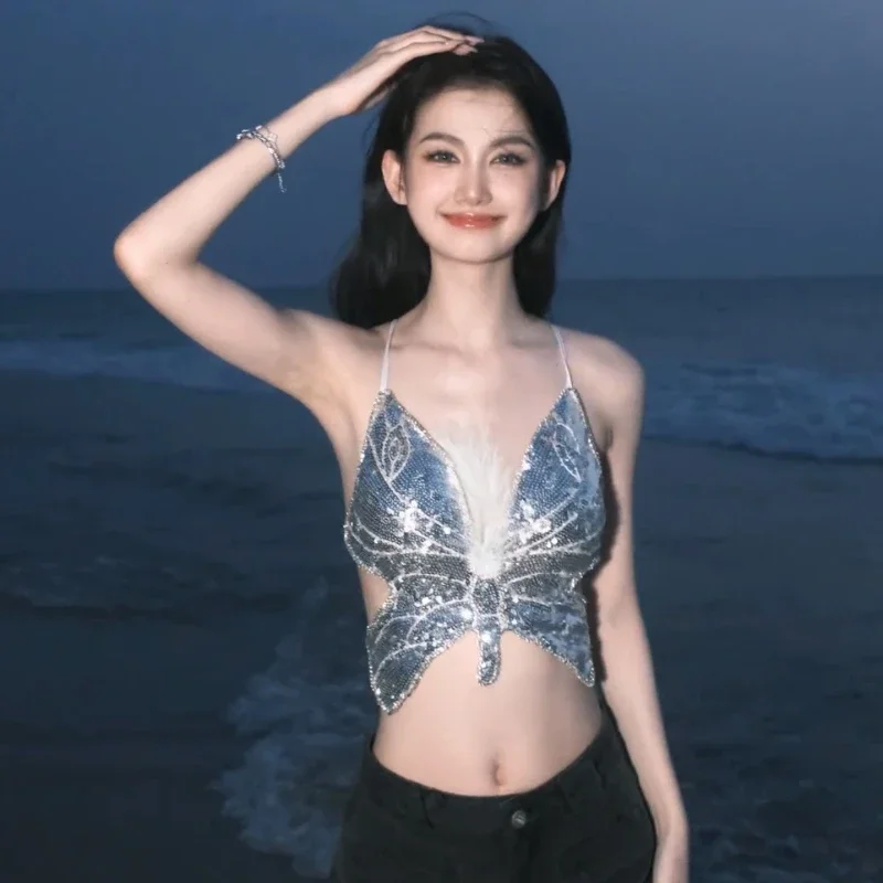 Belly Dance Butterfly Sequin Crop Top Women Summer Backless V Neck Sexy Club Costume Outfits Festival Clothes Bandage Bra Tops