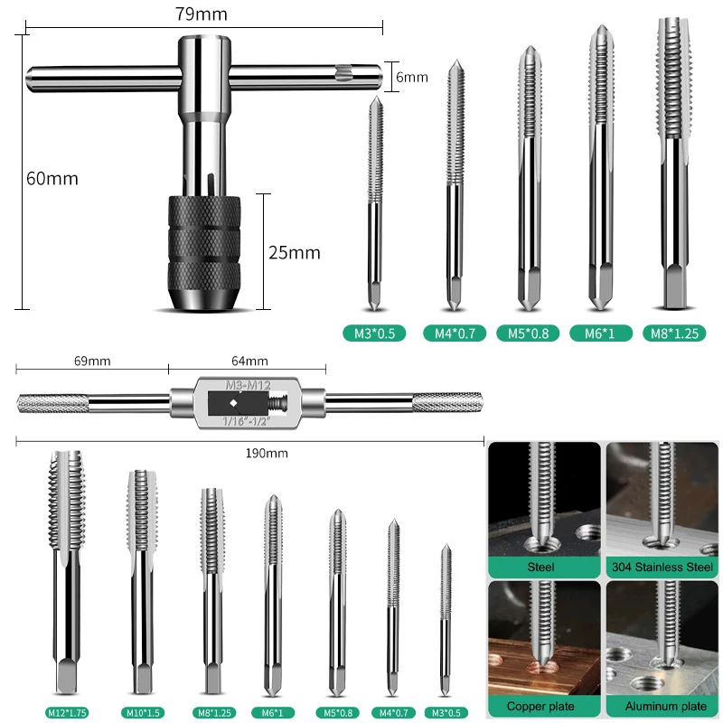 6/8 PCS Manual Tap Wrench Set HSS Right Tapping Drill Bit Thread Punching Tool External Thread Making Steel Screw Tab Hand Tools