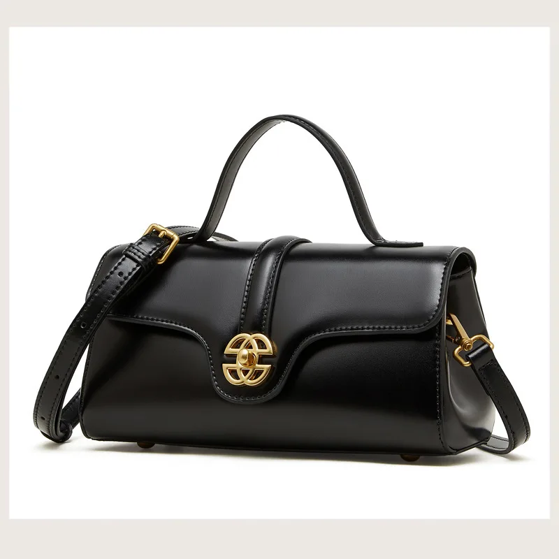 

Women Genuine Leather Lock Bag Luxury Small Shoulder Crossbody Handbag Elegant Brown Tote Commuter Daily Purse