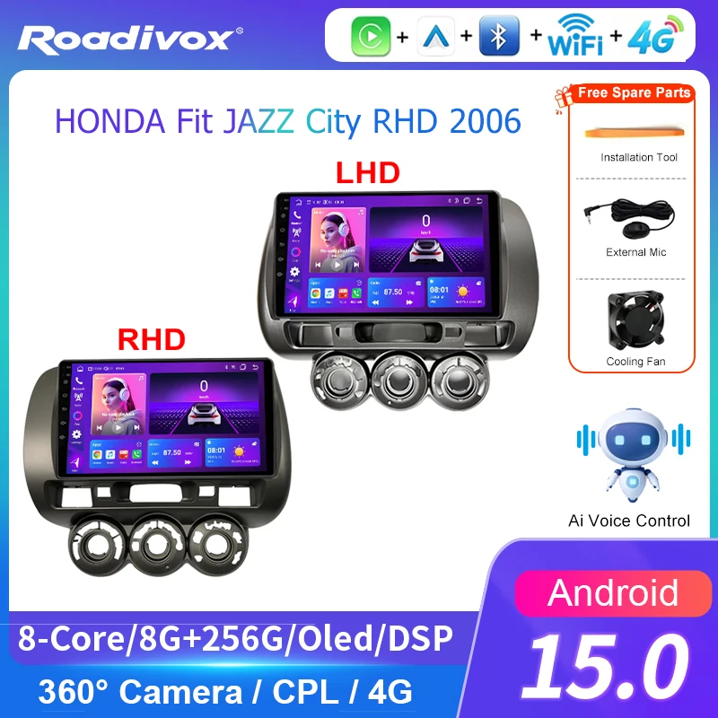AI VOICE roadivox Android car radio for HONDA Fit JAZZ City RHD 2006 GPS Navigation video Multimedia Player tape recorder