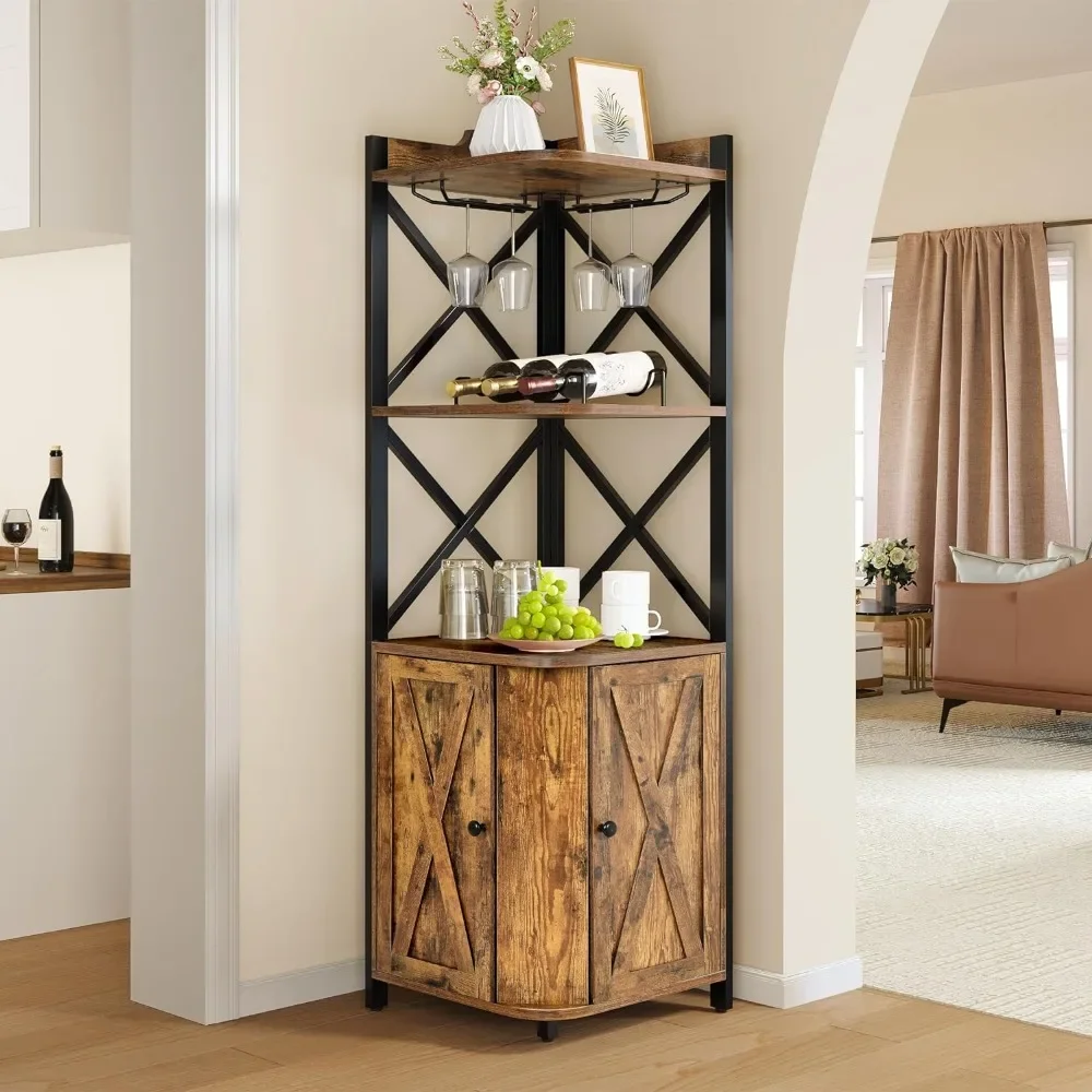 

Corner Bar Cabinet with Glass & Wine Holder, Industrial Corner Shelf with Wine Storage, 5-Tiers Liquor Cabinet Bar