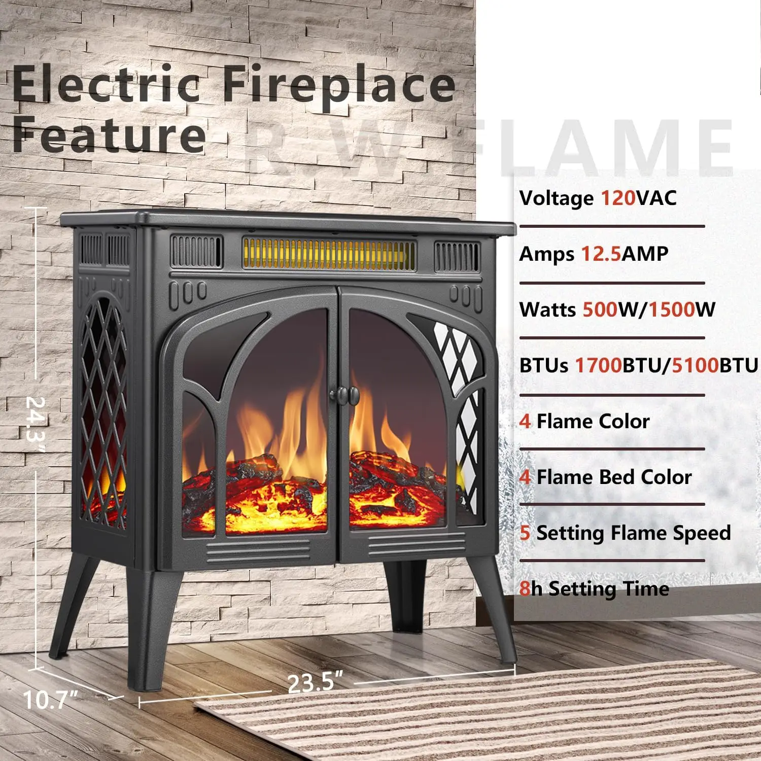 Electric Fireplace Stove Heater with Remote Control, 25" Fireplace Heater, Adjustable Brightness and Heating Mode