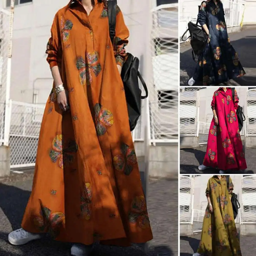 

Ethnic Style Dress V-neck Printed Dress Elegant Ethnic Style Maxi Dress with Floral Print Turn-down Collar for Women for Spring