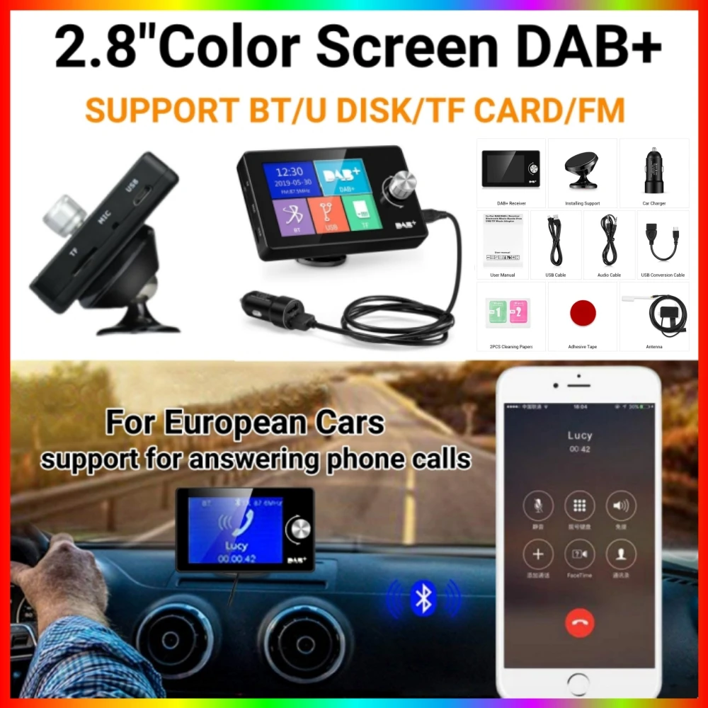 DAB+ Car Digital Radio FM Receiver BT SD TF MP3 Player 2.8 Inch Screen DAB for European Car Audio Signal Broadcasting Phone Call