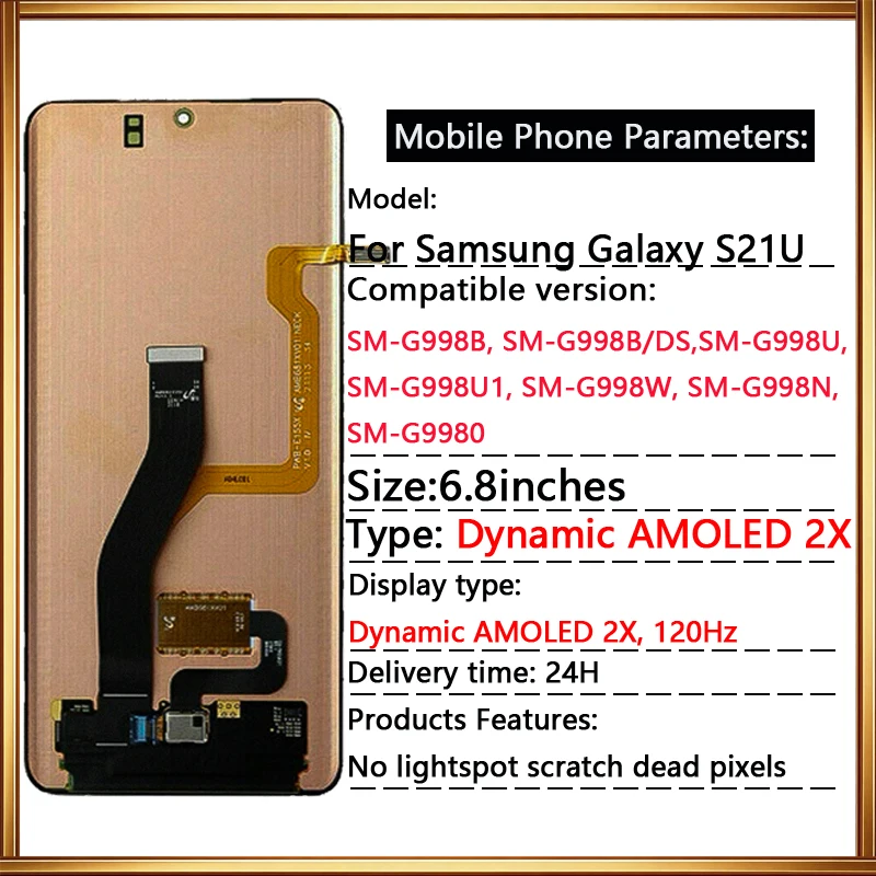 OEM AMOLED Display For Samsung Galaxy S21 Ultra 5G Screen Replacement with Frame 120Hz Touch Digitizer G998B G998U G998W