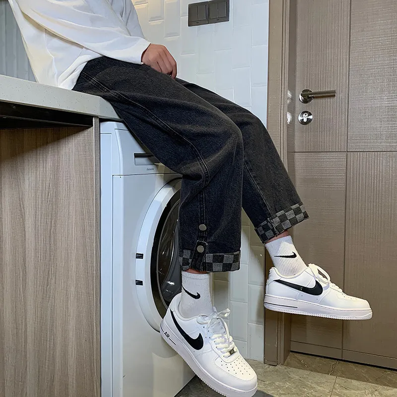 

Модные прямые джинсы мужские осенне-зимние свободные широкие джинсы повседневные хлопковые джинсовые джинсы со средней талией на молнии в стиле хип-хоп Street Sle