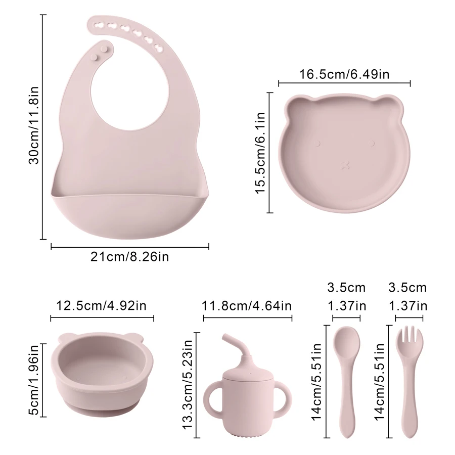 Juego de alimentación de silicona para bebé, sin BPA cuenco de succión, plato de oso de dibujos animados, cuchara, tenedor, baberos, taza Sippy,