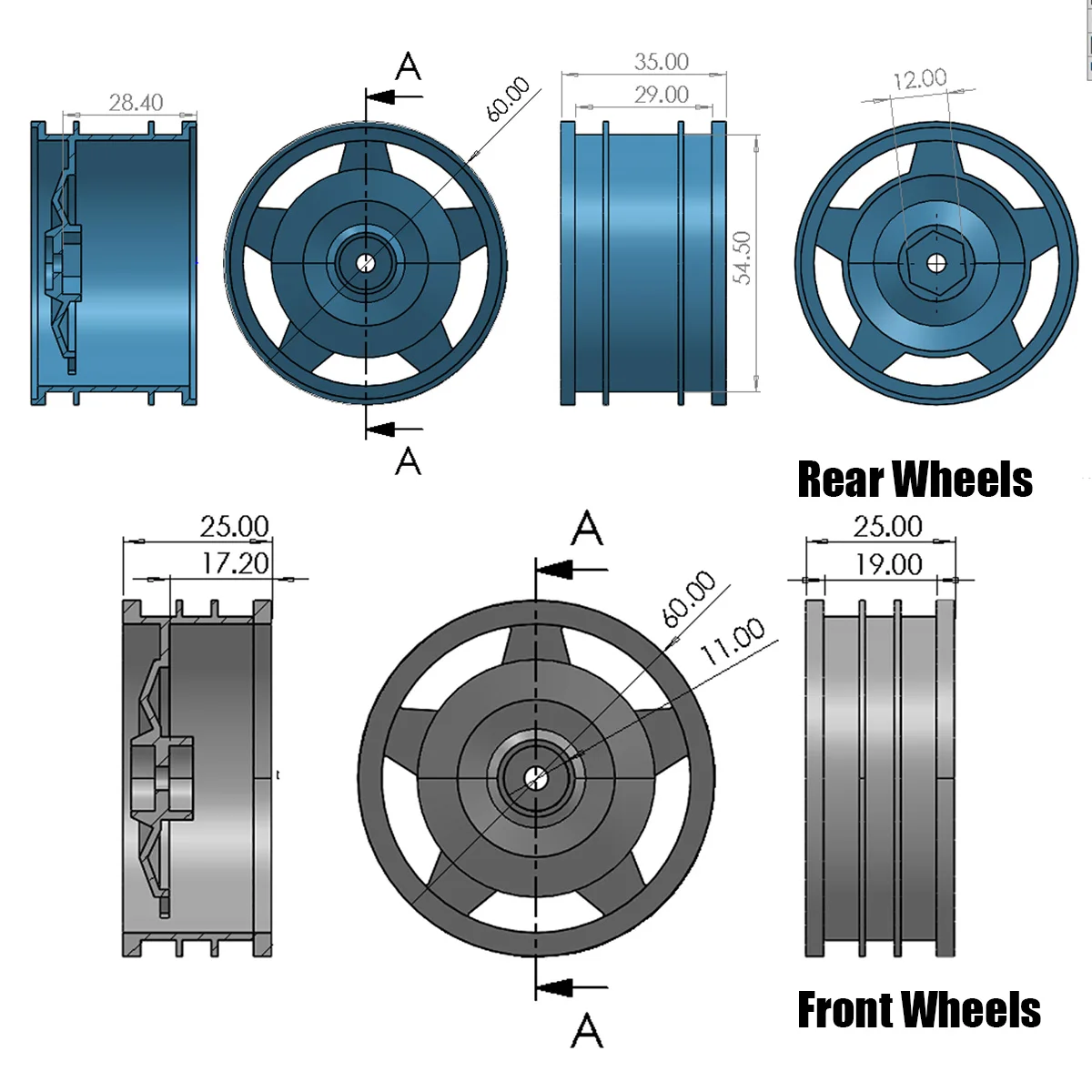 Aluminum Front Rear Star Dish Wheels Rims w/Buggy Tires for Tamiya TD2 DT-02T DT-03 DT-02 MS 2WD Buggy Chaasis