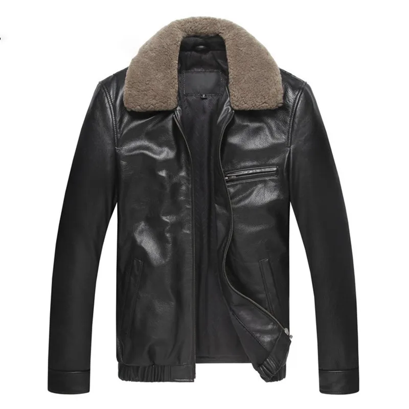 Plus-size men's leather with a top layer of cowhide and cotton lapel coat