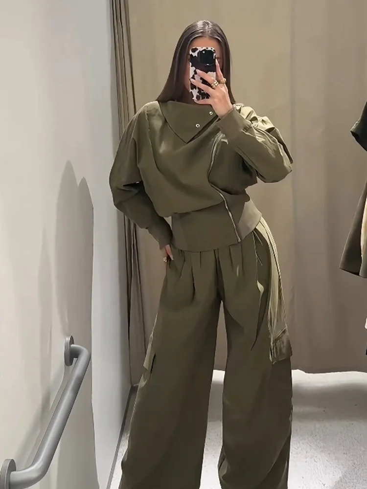 2025RARA nouveau femme chauve-souris à manches longues col montant simple veste plissée décoration taille haute pantalon ample costume