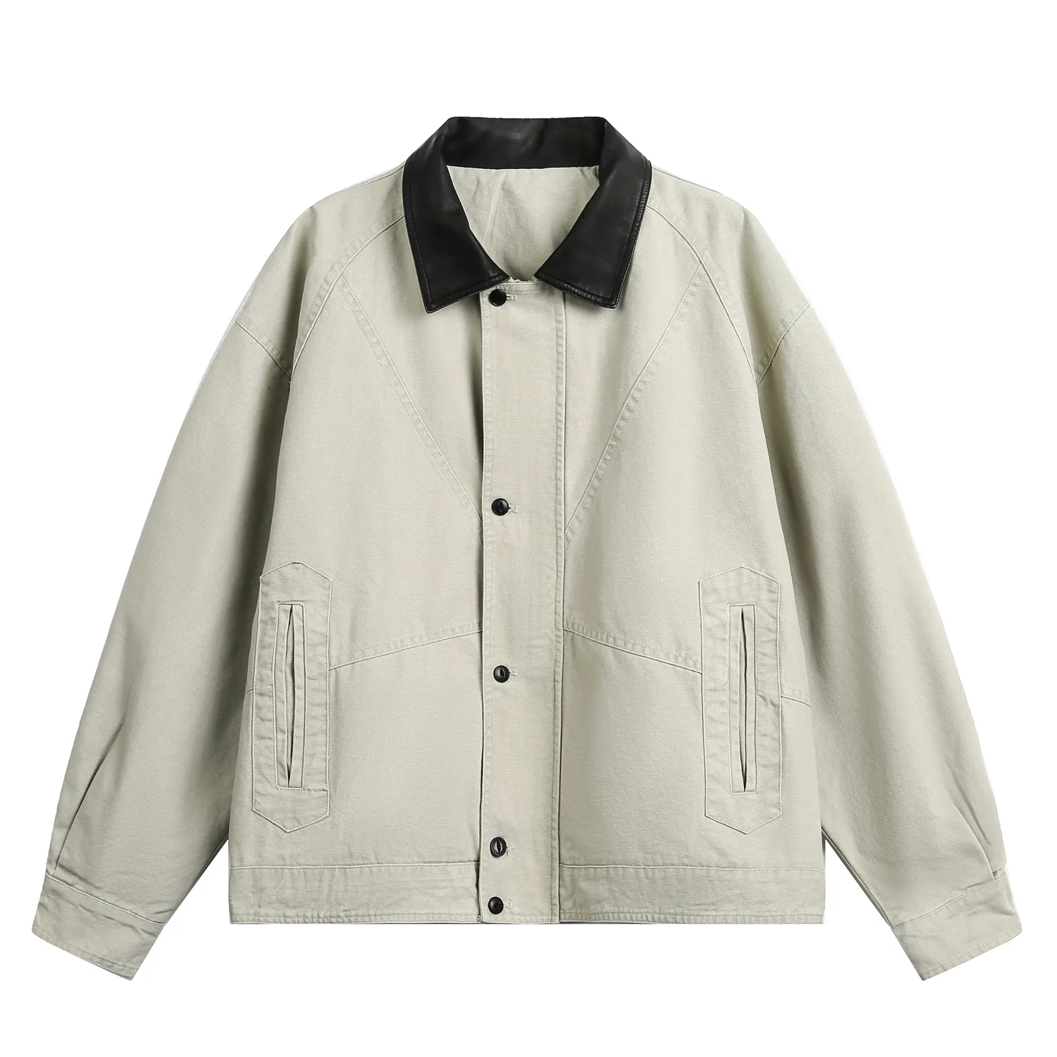 

2026 New Japanese Retro Amikaji Detroit Workwear Jacket Men's and Women's Loose Washed PU Leather Collar Patchwork Canvas Jacket