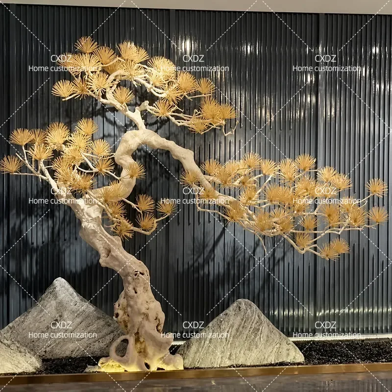 Large Simulation Pine Tree Solid Wood Carving Fake Bonsai Chinese Dry Landscape Interior Decoration Welcome Pine Custom