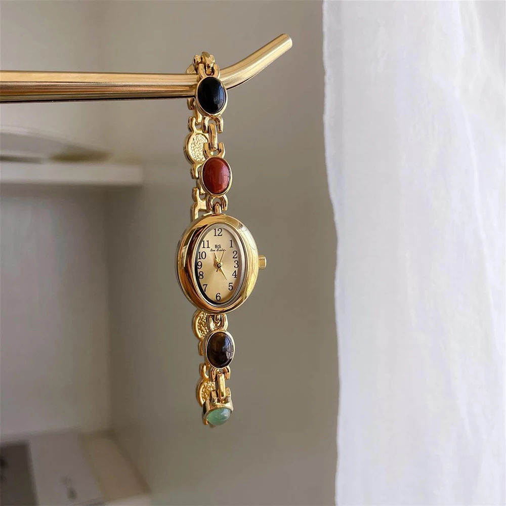 Bee Sister Bracciale in pietra naturale occhio di tigre Orologio da donna Orologio da donna al quarzo ovale Orologi da polso da donna vintage di alta qualità