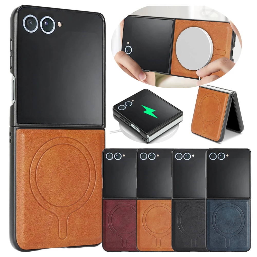 Wireless Charging Luxury PU Leather Case for Samasung Galaxy Z Flip 8 7 6 5 4 3 Flip8 Flip7 Flip6 Flip3 Magnetic Phone Cover