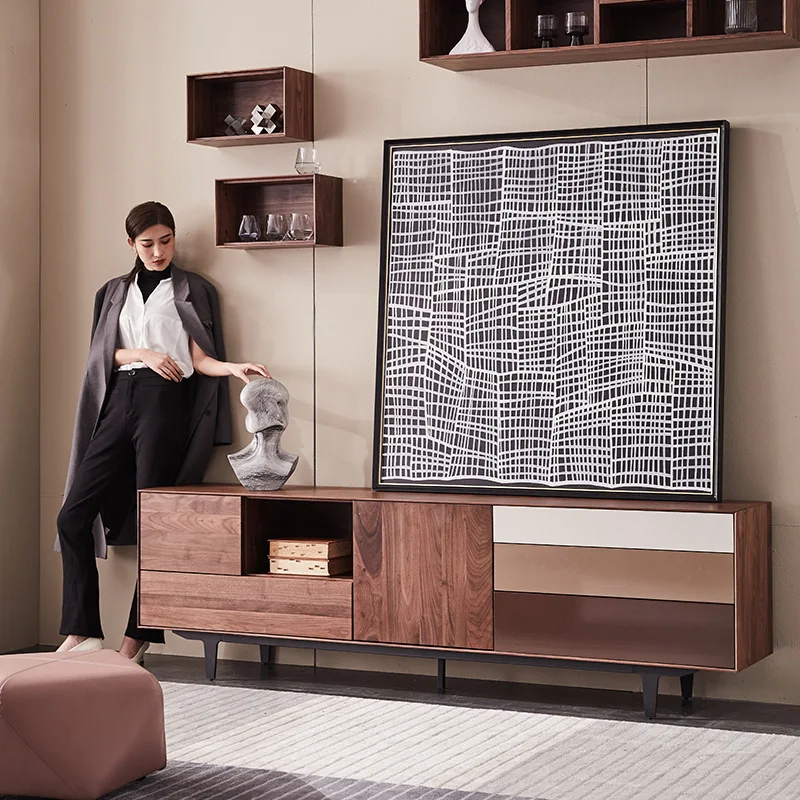 Solid wood TV cabinet coffee table , black walnut small apartment living room household storage side cabinet floor cabinet