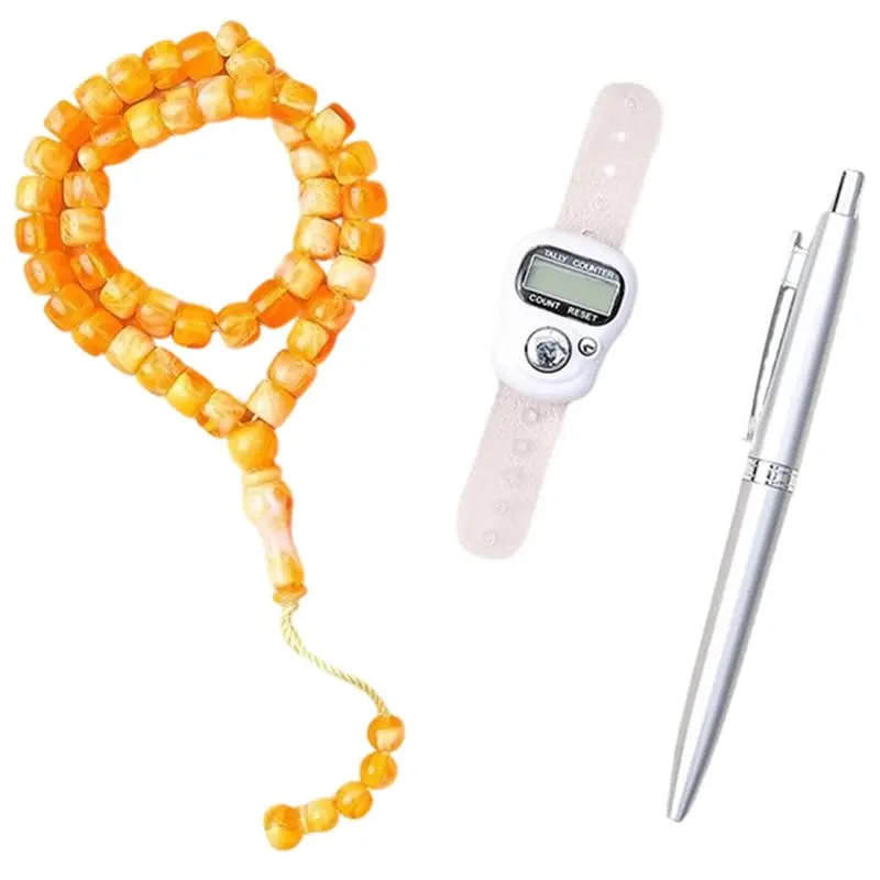 24-Hour Delivery Crystal 3Pcs Tasbih Prayer Beads Set Islamic Gift 33 Beads Muslim Rosary For Meditation& Compliance Yellow Comp