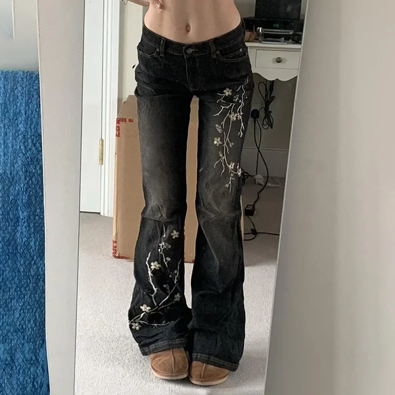 

Джинсы с цветочной вышивкой, винтажные расклешенные джинсы с низкой посадкой 2000-х годов, женские мешковатые джинсовые брюки в стиле ретро y2k, базовые брюки High Street