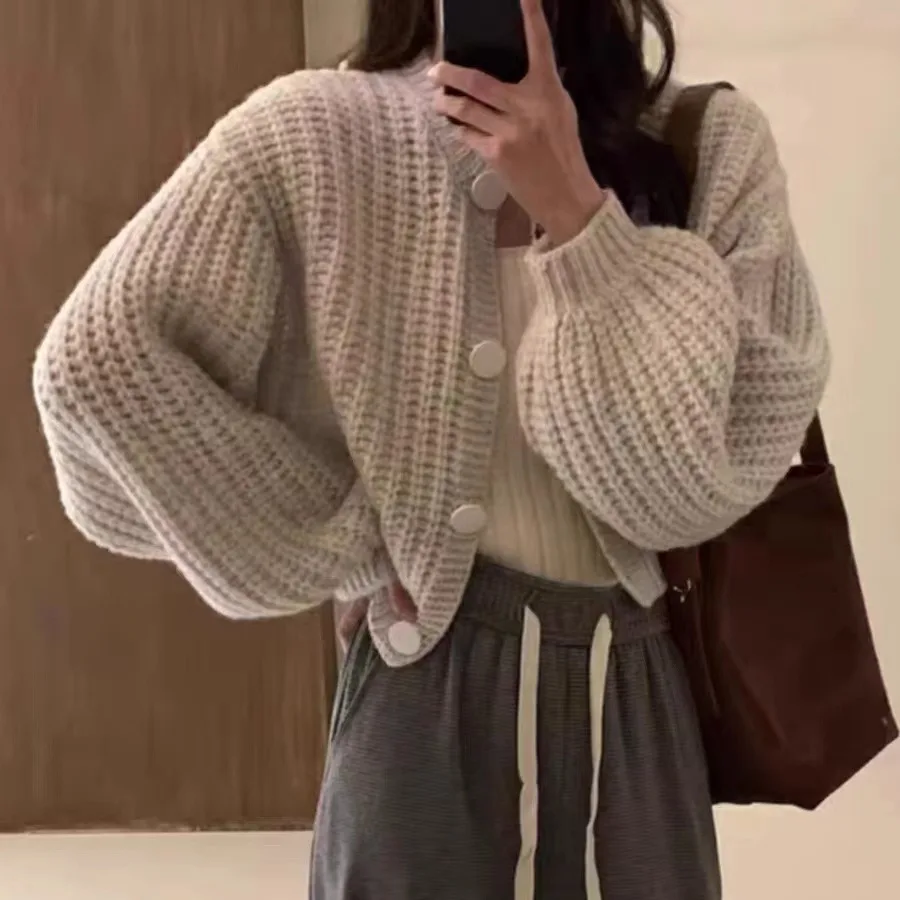 

2025 Female Solid Loose Fit Long Sleeve Coat Fall Winter Knitted Short Cardigan Women Warm Single-Breasted Versatile Sweater