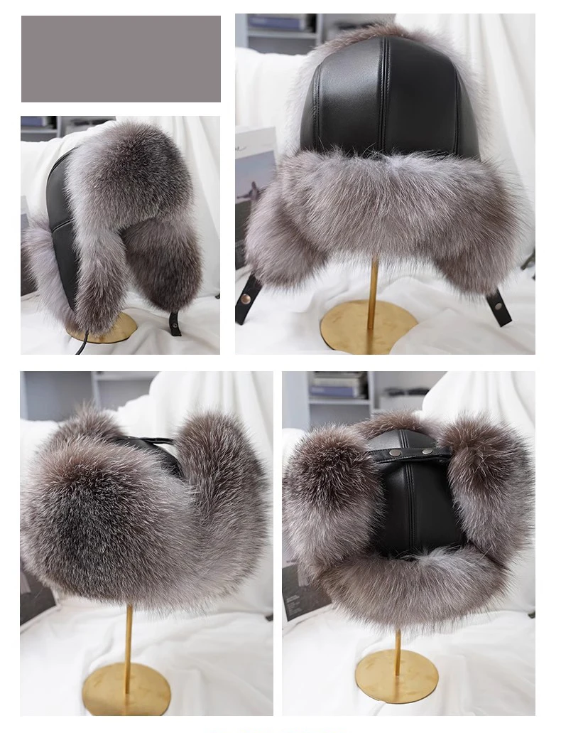 Winter 100% Echtes Silberfuchsfell Bombermütze Waschbärpelz Mütze Neue Herren-Ushanka Trapper Russische Herren-Skimütze Echte Lederkappen – Detail 18