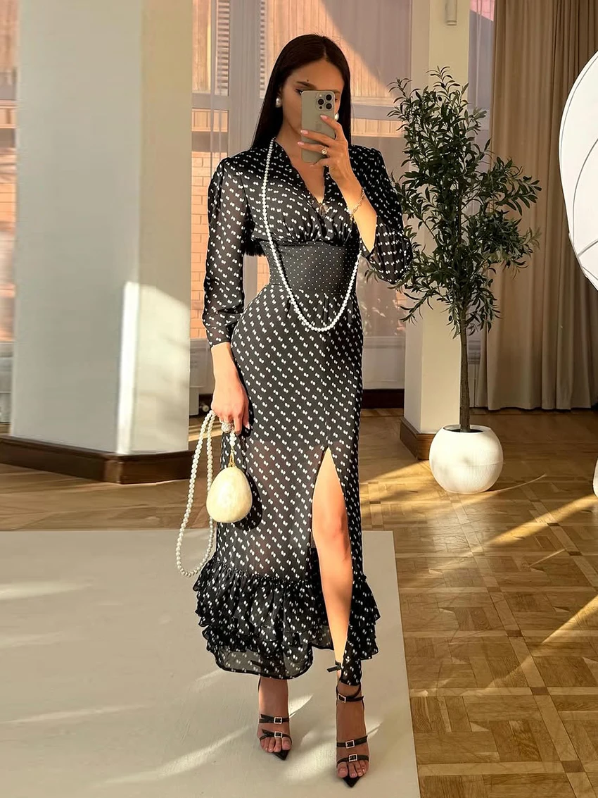 

Модная женская одежда для сна Marthaqiqi, ночные рубашки с длинными рукавами, сексуальные пижамы с V-образным вырезом, ночная рубашка с разрезом, платье до щиколотки, женская ночная одежда