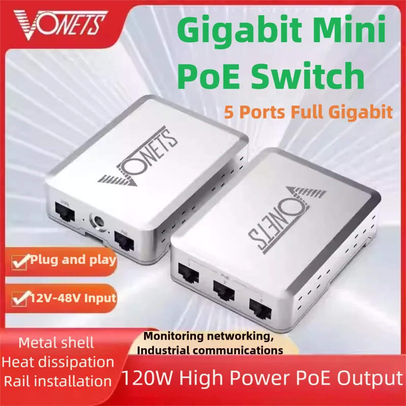 VONETS VSP500 Switch Gigabit Industrial de 5 Puertos, Switch de Red Ethernet PoE, Divisor Ethernet RJ45, Plug&Play, Metálico, 1000Mbps