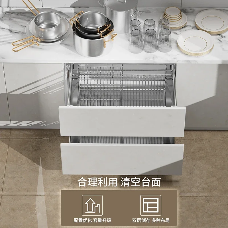 Kitchen basket cabinet 304 stainless steel double-layer drawer type dish rack kitchen cabinet built-in bowl basket storage