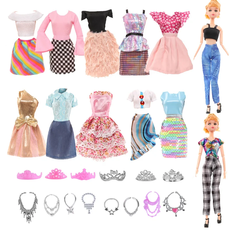 16pcs Set 30cm Doll Clothes And Accessories Include 4 Fashion Dresses 6 Crown 6 Necklace for Barbie Toys for Girls, Dressing Up