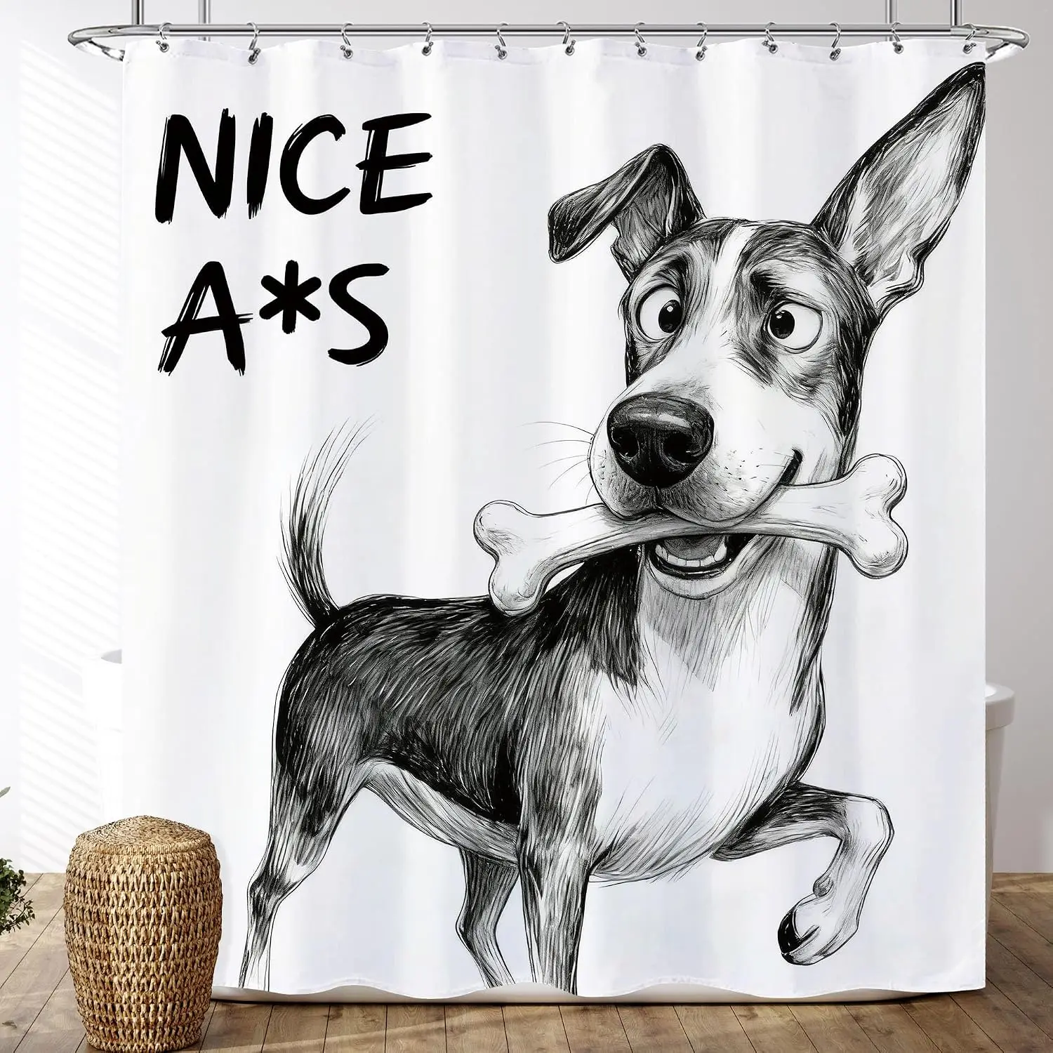 Funny Dog Bone Shower Curtain, Sketch Style Puppy Bath Decor, Humorous Pet Art, Black White Waterproof Polyester Fabric