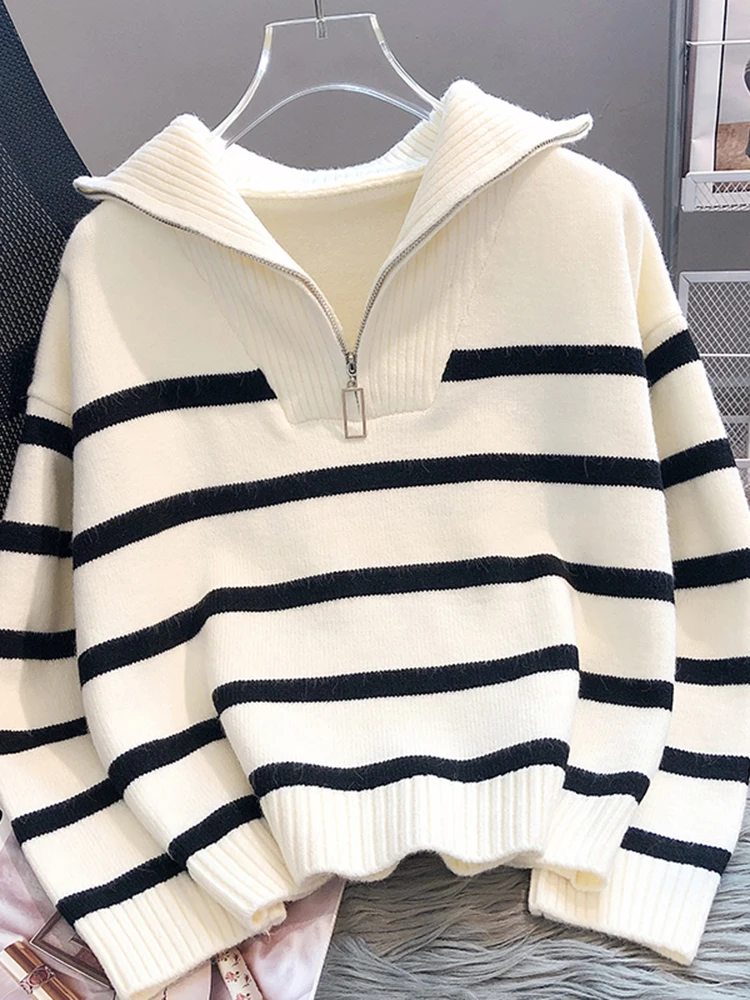 Jmprs Warm Women Sweater Thick Winter Fashion Striped Zipper Jmuper Loose Korean Knitted Female Pullover Blouse