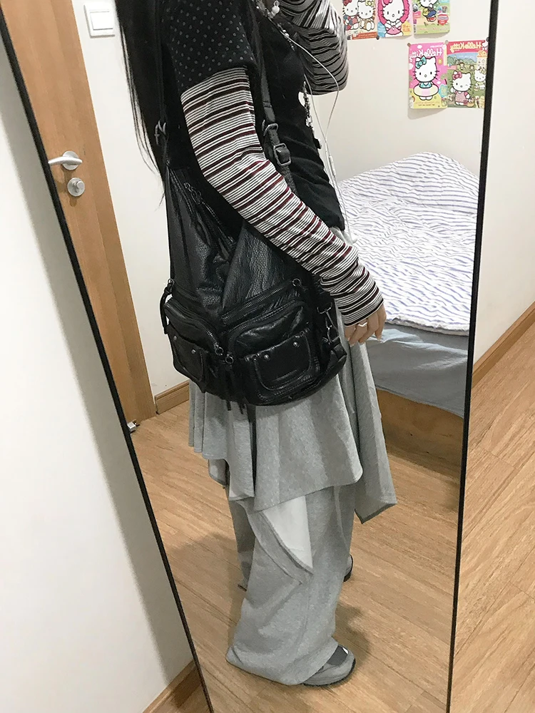 ReddaChic Szare spodnie dresowe z elastyczną talią, szerokie nogawki, asymetryczna spódnica, spodnie do warstwowego noszenia, grunge, koreańskie ubrania damskie