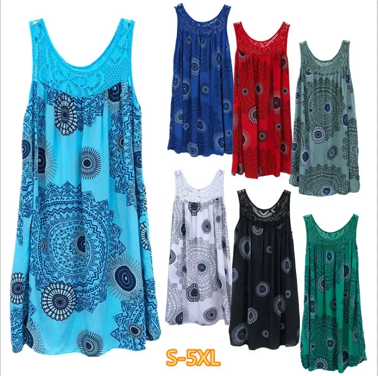 

Lace Printing Sleeveless Pendulum Loose Sexy Dress Foreign Trade Women's European and American Women's Clothing