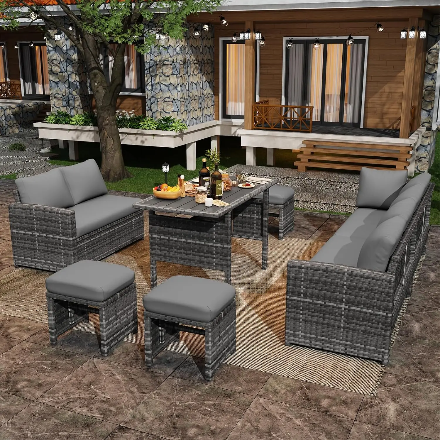 7-Piece Outdoor Wicker Sectional Sofa, All-Weather Rattan Dining Table & Chair with Ottoman for Backyard Pool, Grey, Customized