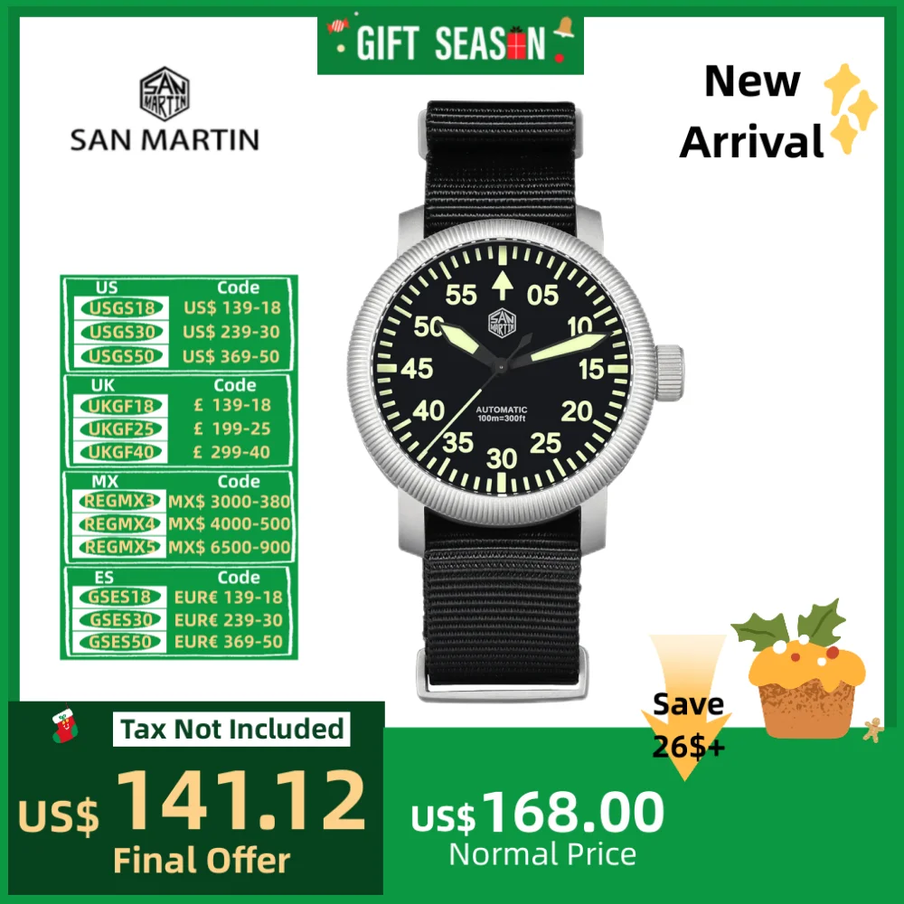 San Martin 40mm Retro Coin Bezel Pilot Watch YN55 Self Winding Wristwatch C3 Luminous 10Bar Waterproof Reloj Automático SN0143