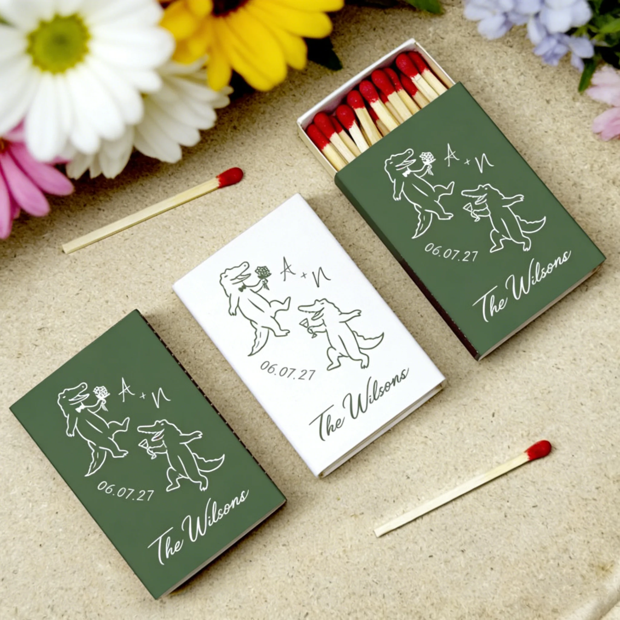 personalized-sage-green-white-alligator-wedding-matchboxes-custom-dancing-crocodile-whimsical-favors-set-for-guests