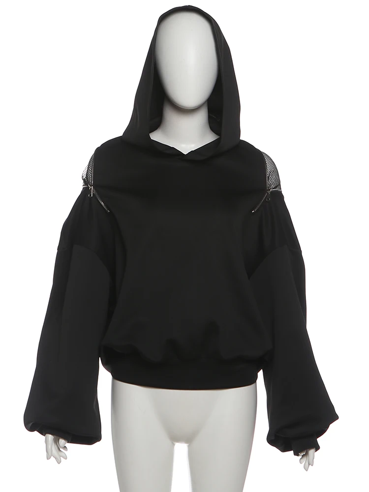 Jersey con capucha sin espalda para mujer con cremallera de malla diseño de retazos de manga completa de calle alta moda Casual estilo Simple clásico Tops