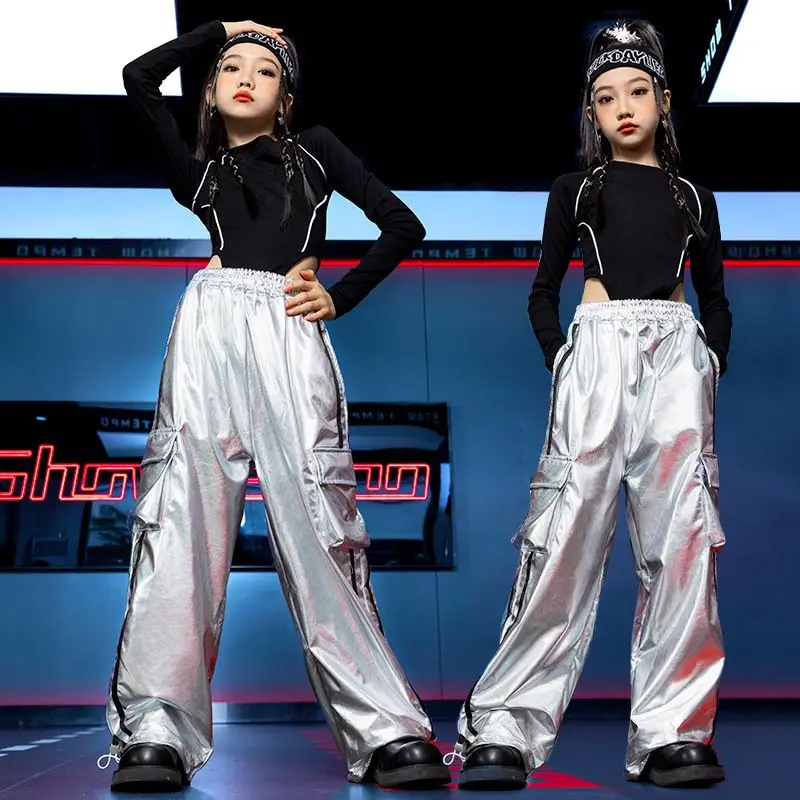 Girls Jazz Dance Hip Hop Outfit Child Model Catwalk Stage Dance Show Costume Black Navel Top White Trousers