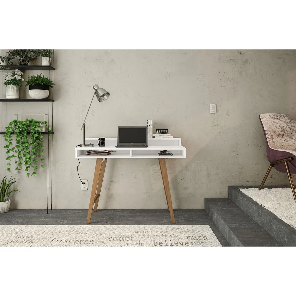 Modern Writing Desk with Storage Elevated Shelf and Open Cubbies Home Office or Student Use Scratch Resistant Water Resistant