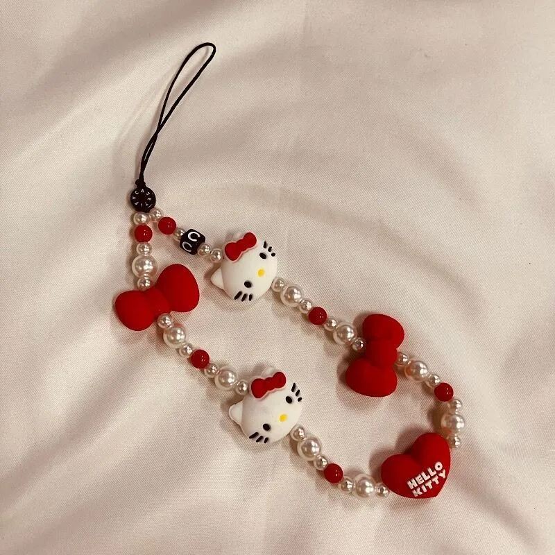 

New Hello Kitty Mobile Phone Chain Cartoon Red Beaded Chain Jewelry Anime Keychain Backpack Lanyard Decoration Girl Bestie Gifts