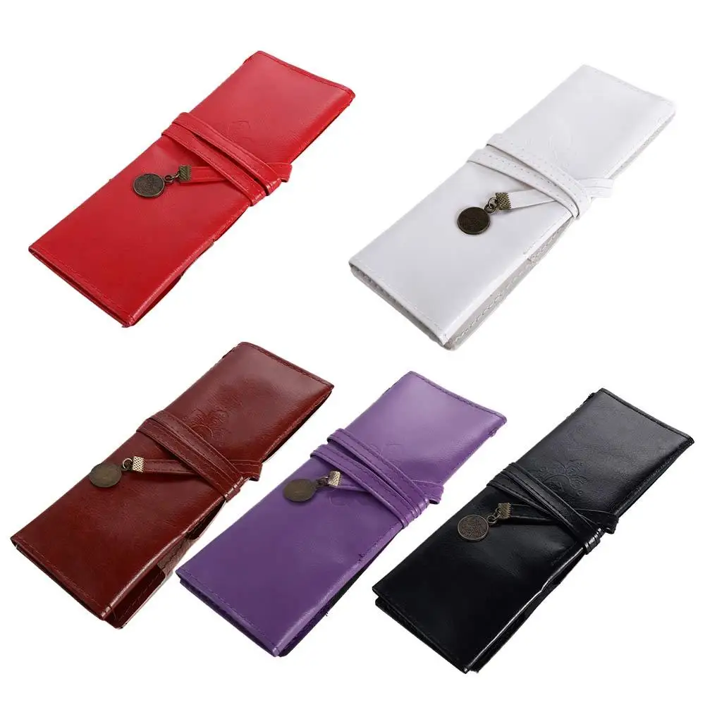 

PU Leather Makeup Brush Organizer For Girls Stationery Roll Pencil Bags Cosmetic Bag Vintage Pencil Case Roll Pen Bag