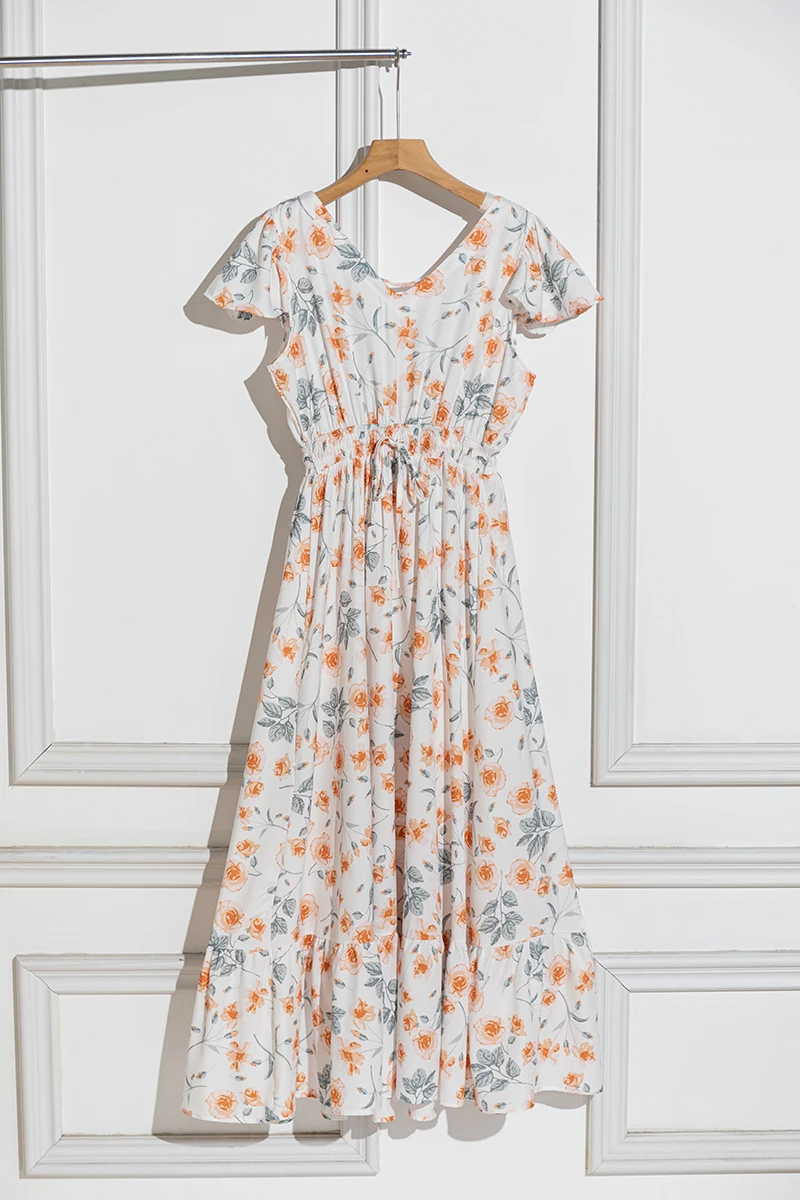 2025 Holiday Bohemian Floral Print Dress Women Summer Short Sleeve V-Neck Drawstring Waist Ruffle Long Dress Boho Beach Vestidos