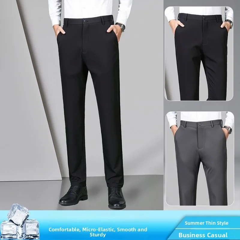 

Lightweight Summer Busin Casual Pants for Men Ice Silk Breathable Elastic Long Trousers Straight Leg Pants Autumn 2025