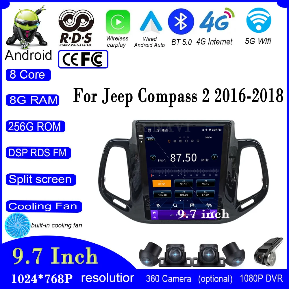 9.7 Inch For Jeep Compass 2 2016-2018  Android 14 Car Scree DSP IPS Radio Multimedia GPS Navigation Player RDS Video Carplay