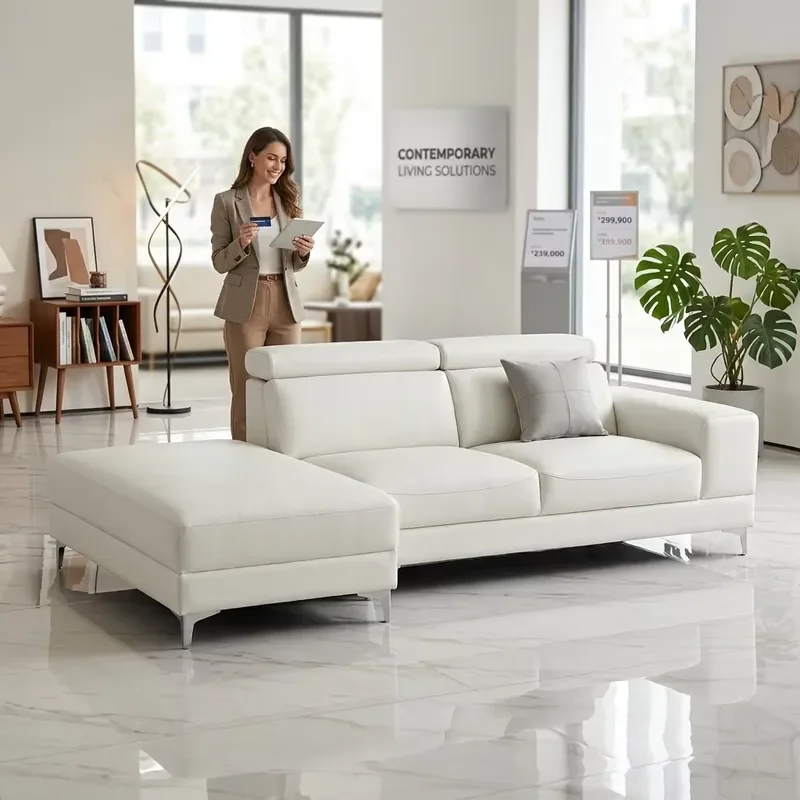 High-quality modern three-seater sofa set, wooden frame, fabric upholstery, flat lying, environmentally friendly, modern