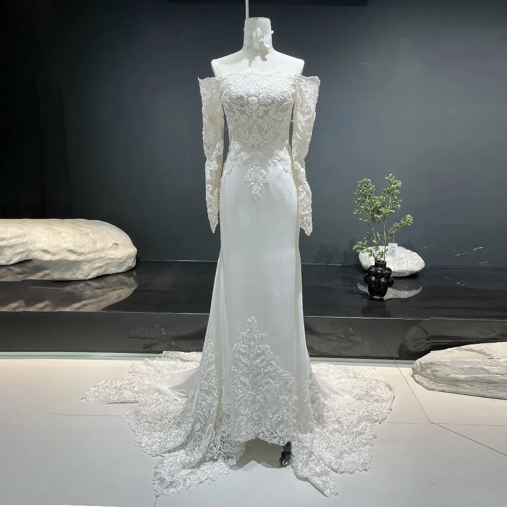 

White Lace Satin Mermaid Bridal Dress Off-Shoulder Long Sleeves Wedding Gown YW0839