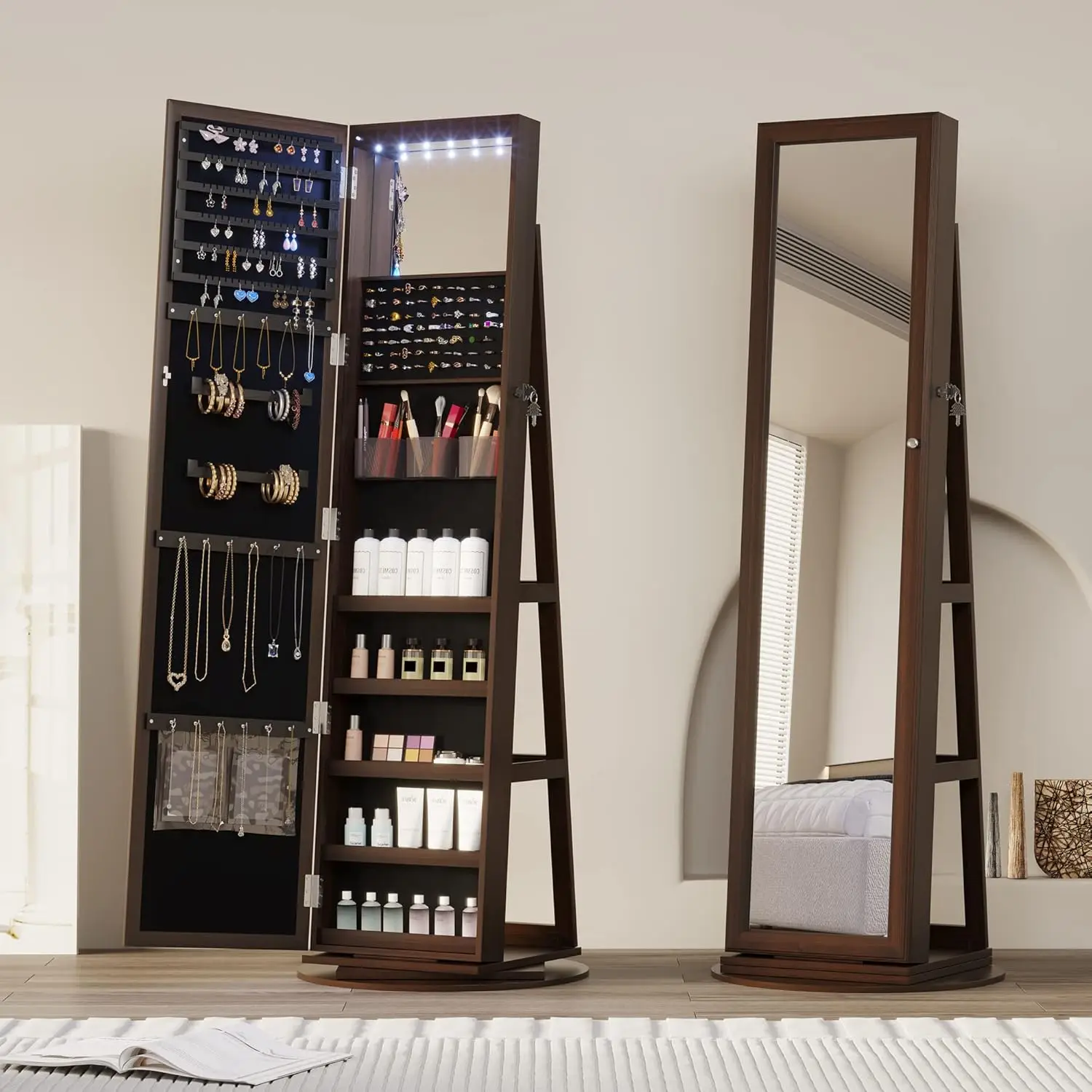 Full Mirror Jewelry Cabinet com LED Light, Standing Mirror com Jewelry Storage, 360 ° Rotating