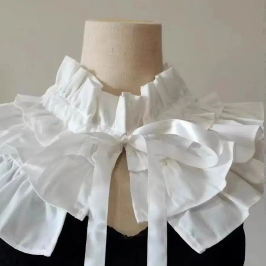 Victorian Layered Ruffle Detachable False Collar Women Vintage Renaissance Tiered Pleated Neckwear Shawl Cape for Female Dress
