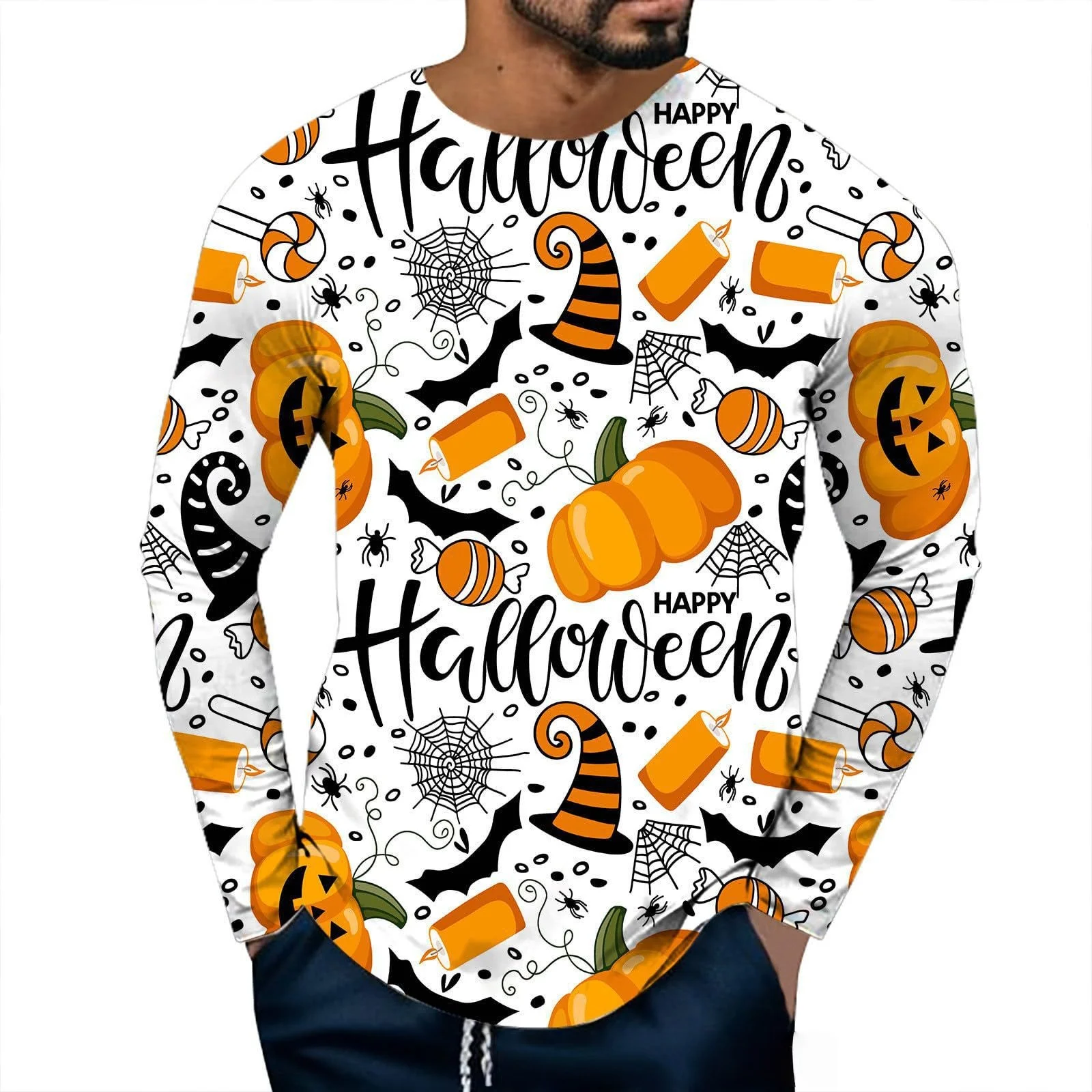 

2025 New Fashion Halloween Theme 3D Printed Polyester Men's Long Sleeve T-shirt Autumn Casual Loose Pullover Street Harajuku Top