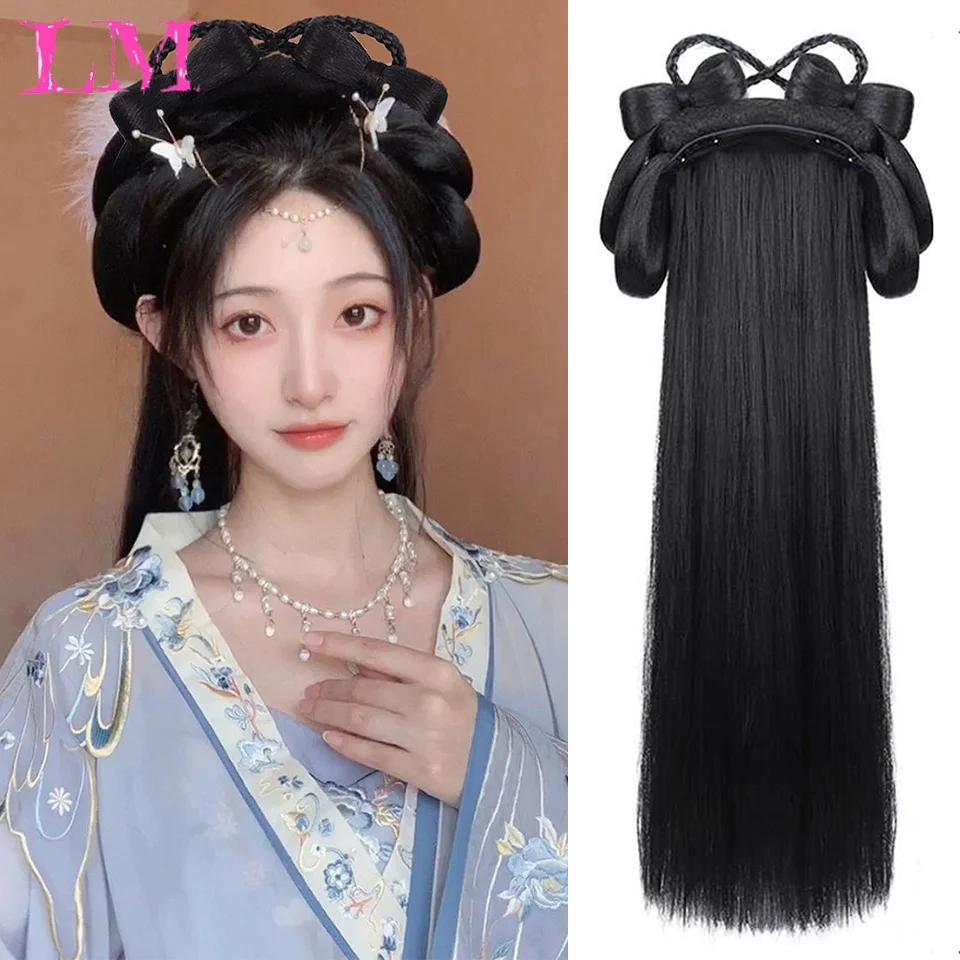 LM Chinese Ancient Wig Women Hanfu Wigs Headdress Photography Dance Accessory Wigs Black For Women Integrated Hair Bun