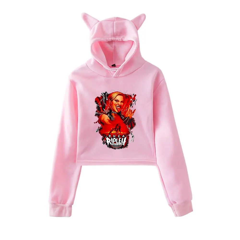 

Rhea Ripley винтажная уличная одежда 90-х годов с логотипом, толстовки с капюшоном для девочек, укороченный модный спортивный пуловер с кошачьими ушками
