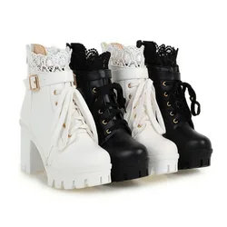 Motorcycle Leather Boots for Women, Lace Ankle Shoes, High Heel Platforms, Sexy Buckle, Winter Boot, Stylish Lady Boot, 43, 2022